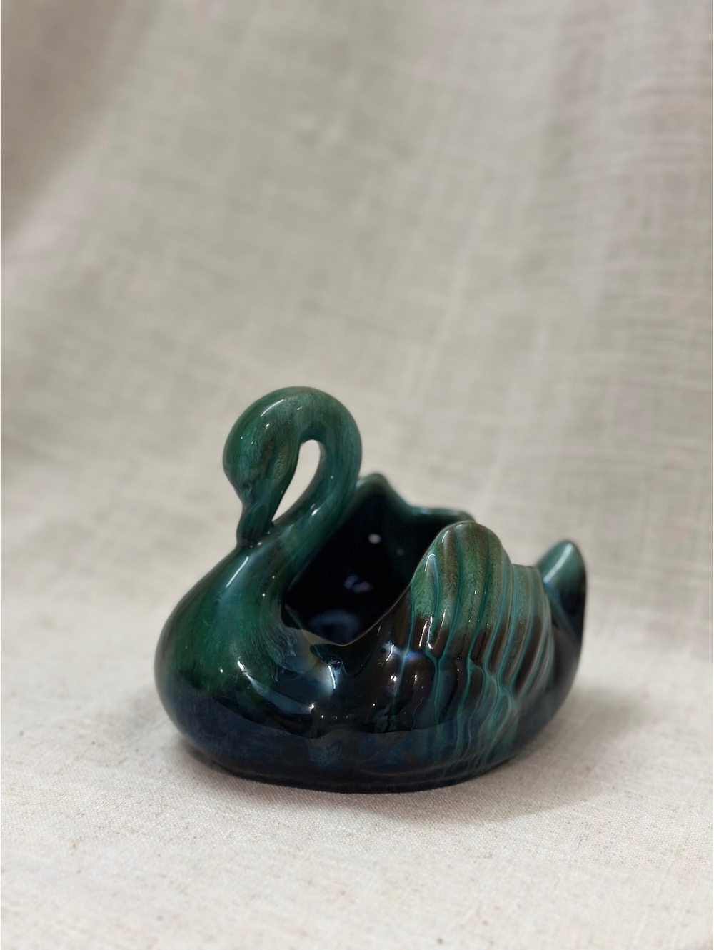 Vintage Blue Mountain Pottery 5" Small Swan Planter Canada Green Drip Glaze